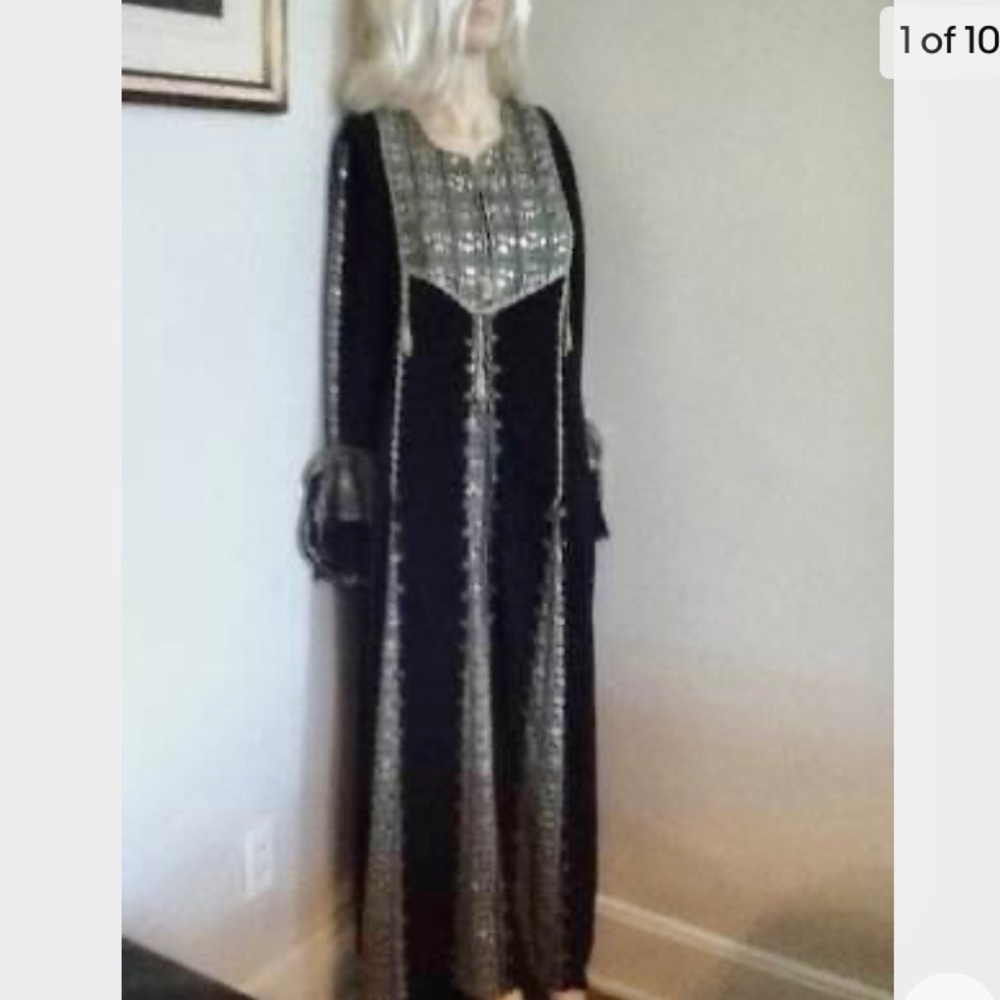 Vintage, 1960-70s Elegant, Black Long Kaftan with Colorful Needlework Trim
